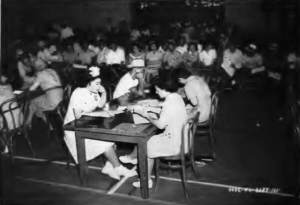 Group of registrants in Civil Control Station at Sanger, California