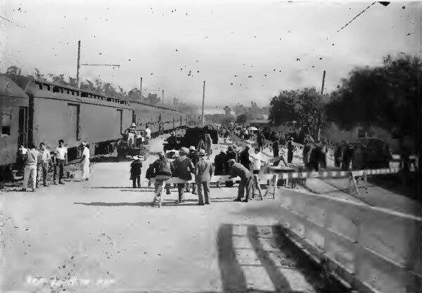 A trainload of evacuees arrive by train at Santa Anita (California) Assembly Center