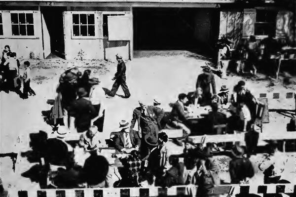 Registration and processing scene at Santa Anita (California) Assembly Center