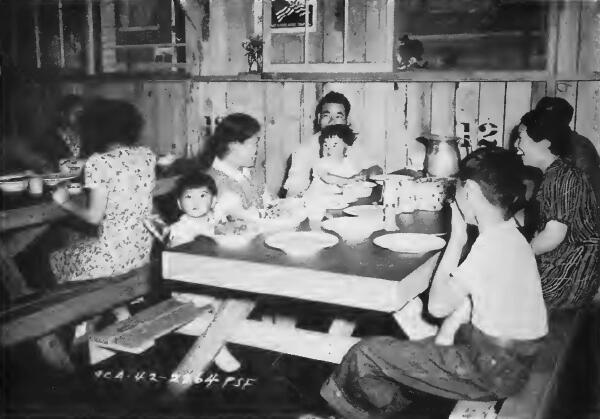 A family group at mess at Tanforan (California) Assembly Center