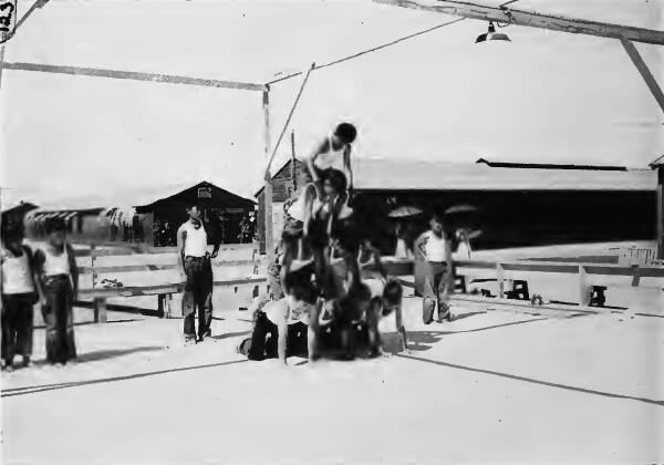 A youthful group of "pyramiders" in action at Fresno (California) Assembly Center